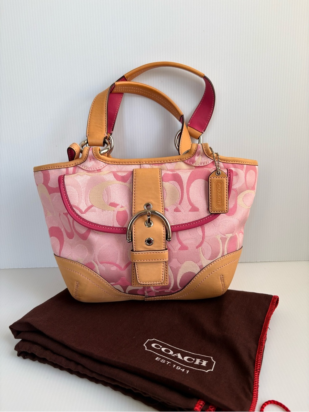 Vintage  Coach Soho Y2K Pink Optic Signature Jacquard /Tan Leather EUC